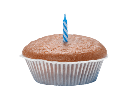 realistic 3d isometric birthday cupcake with striped blue candle, minimalistic plain muffin, celebration dessert, party treat, on isolated background png