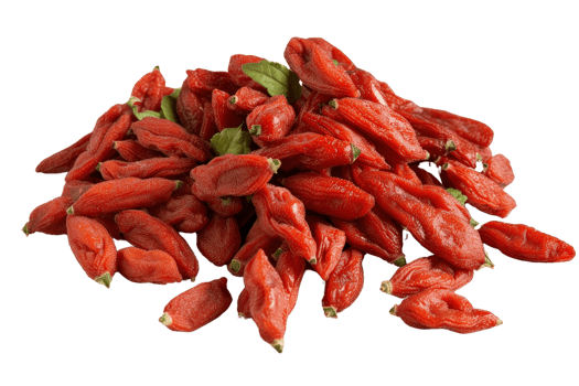 Fresh and Vibrant Goji Berries Piled Together with Green Leaves Showcasing Natural Health Benefits and Nutritional Value png