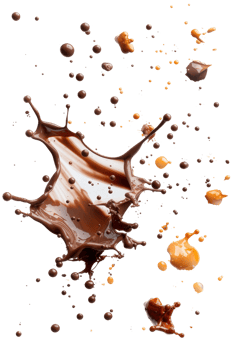 Dynamic Splash of Rich Chocolate and Caramel with Glorious Droplets Captured in Motion Against a Black Background png