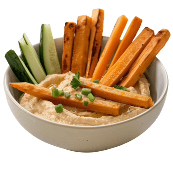 Fresh and Delicious Hummus Served with Colorful Vegetable Sticks and Sliced Cucumbers in a White Bowl png