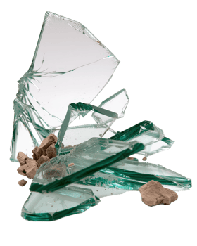 Broken glass pieces scattered on the ground with debris, sharp shards creating a risky environment, detailed close-up view png
