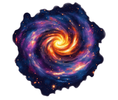 Fiery swirling galaxy in deep space transparent image. Breathtaking painting of luminous stars and colorful nebulae isolated cutout. Cosmic abstraction cut out clipart design element png