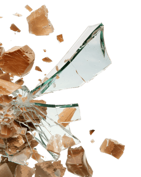 Shattered glass pieces exploding dramatically in motion with reflective surfaces and jagged edges on a black backdrop png