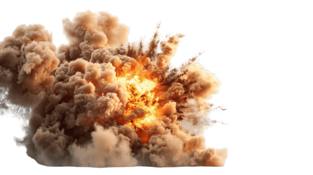 Dramatic Explosion Cloud with Fiery Core and Billowing Smoke Plume Creating a Powerful Visual Impact in an Open Environment png