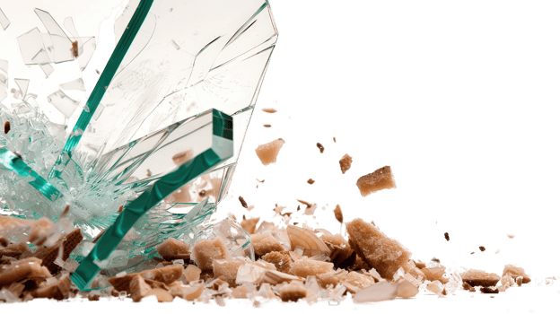 Shattered Glass with Fragments and Debris on White Background, Abstract Broken Structure, Sharp Edges and Chaos png