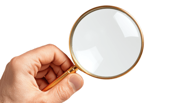 Hand holding a magnifying glass, isolated on transparent background png