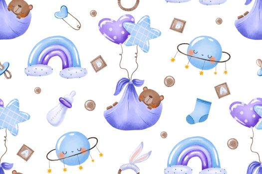 Little bear fly on helium air balloon seamless pattern. Newborn baby boy things background for nursery. Hand drawn clip art . Watercolor drawing of children items. Cubes, sock, pacifier and bottle png