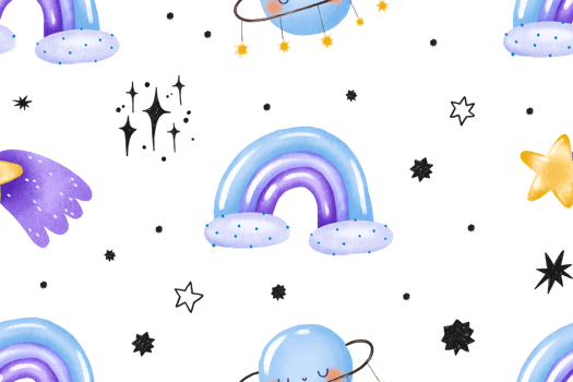 Blue seamless pattern with space elements rainbow planet and star. Gand drawn watercolor baby boy nursery background png