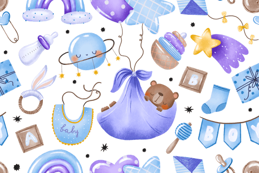 Little bear fly on helium air balloon seamless pattern. Newborn baby boy things background for nursery. Gender party . Watercolor drawing of children items. Cubes, sock, pacifier and bottle png