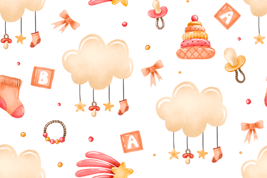 Adorable seamless pattern with pink clouds, hanging baby socks and pacifiers on strings. Surrounded by pyramids, cubes, and baby clothes in soft pastel shades Perfect for textiles wallpaper packaging. png