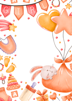Newborn baby girl greeting card with little bunny fly on helium balloon. Baby things vertical border frame. Baby shower designA png