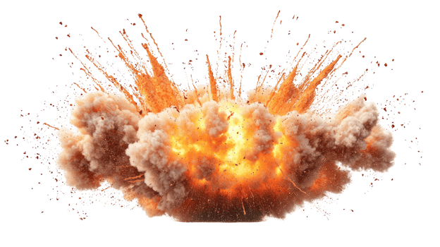 Fiery explosion with smoke and debris, isolated on white png