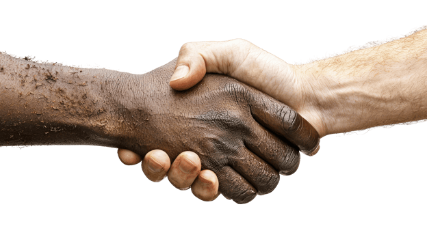 Hands shaking, one with muddy texture, isolated on transparent background png