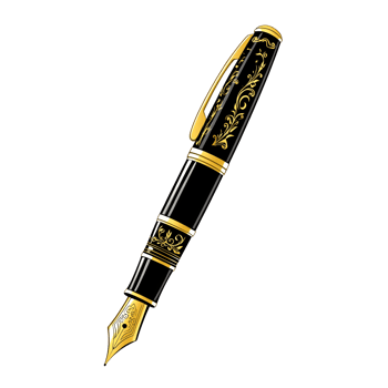 Elegant Black and Gold Fountain Pen with Ornate Design png