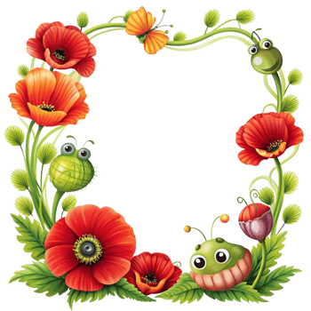 cartoon style playful flowers border with square frame is isolated on transparent background png