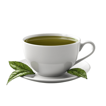 Aromatic Green Tea in White Cup and Saucer with Tea Leaves png
