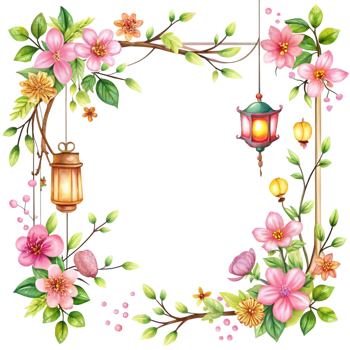 cartoon style flowers festive border with square frame is isolated on transparent background png