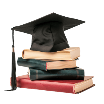 Graduation cap on a stack of books signifying academic achievement and the pursuit of knowledge png