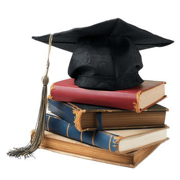 A Black Graduation Cap Rests Atop a Stack of Antique Books, Symbolizing Education and Knowledge png