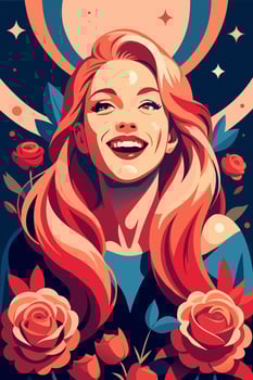 Happy woman with long red hair and a bright smile framed by elegant roses and stars vector