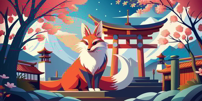 Enchanted Fox Sitting By Traditional Japanese Torii Gate vector