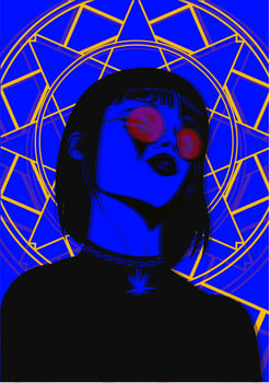 A girl in red glasses with a marijuana pendant. Blue background. The Mandala vector