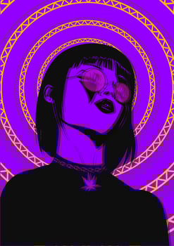 A girl in pink glasses with a marijuana pendant. Purple background. The Mandala vector