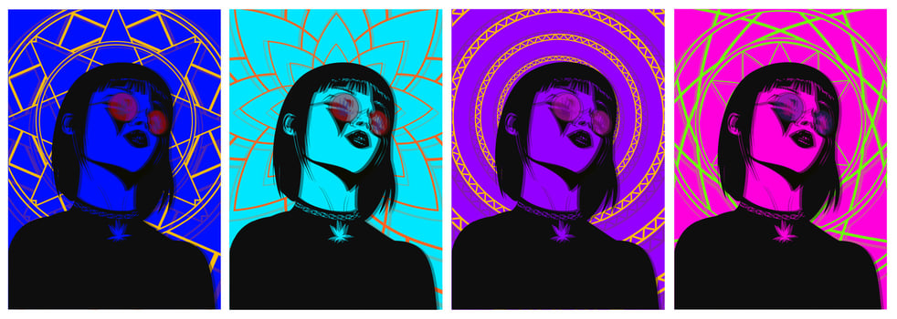 Set of four posters with girls, blue, purple, pink, colorful mandalas, psychedelic poster, colored shadows vector