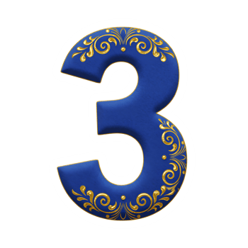 Ornate Blue and Gold Number Three - Decorative Digit 3 png
