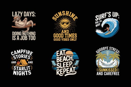 Palm Trees Ocean Waves Vintage T-Shirt Pack vector