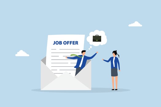 Job offer, businessman on email envelope offer new job to candidate. vector