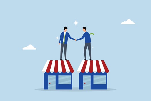 B2B, entrepreneur proprietor handshake at business store for B2B contract. vector