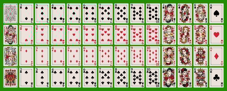 Playing cards. Full poker deck, 54 cards and back on green background. Spades, Hearts, Diamonds and Clubs. Jack, Queen, King, Ace and Joker. isolated collection vector