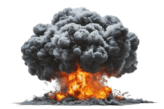 Fiery Explosion with Dark Gray Smoke Plume on Transparent Background png
