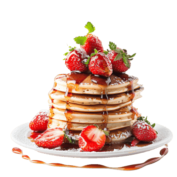Delicious Stack of Pancakes Topped with Fresh Strawberries and Drizzled with Syrup png
