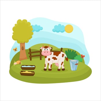 Background with cute cow farm animal, cartoon vecillustration rural and livestock scnene spotted cow on the farm vector