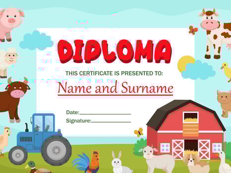 template of children's diploma on the theme of the farm. Certificate for school and kindergarten vector