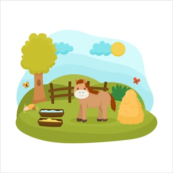 Cute horse grazing on a meadow with hay and food on the background of a farm or meadow. Children's illustration of a cute animal, illustration vector