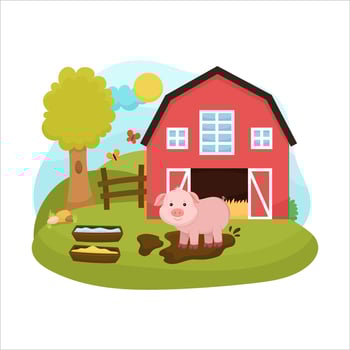 Cute farm animal scene with little pig, playing in the big brown dirt. In the background is a cute farm with an old hangar and a garden. Cute children's illustration vector
