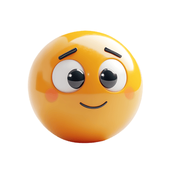 3D illustration of a shy yellow emoji with glossy texture, raised eyebrows, and a subtle smile, isolated on transparent background png