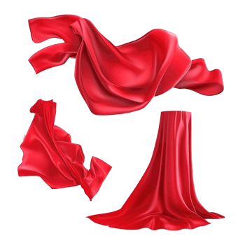 Three flowing pieces of red fabric isolated on transparent background png