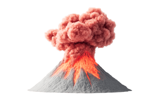 Erupting volcano with lava flow and vibrant ash cloud at dusk png