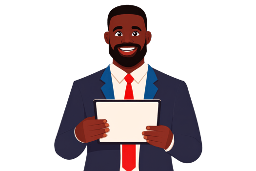 Confident businessman with tablet in professional attire png
