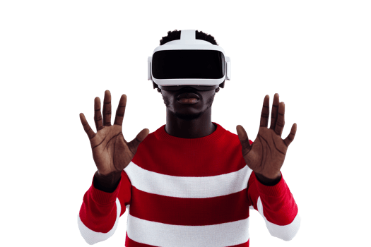 Engaging in virtual reality with hands raised for interaction png