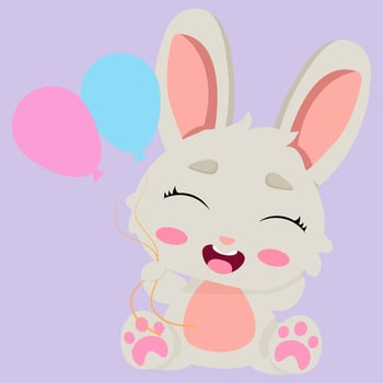 Adorable fluffy bunny with a big smile holding colorful balloons. Perfect for baby shower invitations, greeting cards, childrens illustrations, toys, Easter designs vector