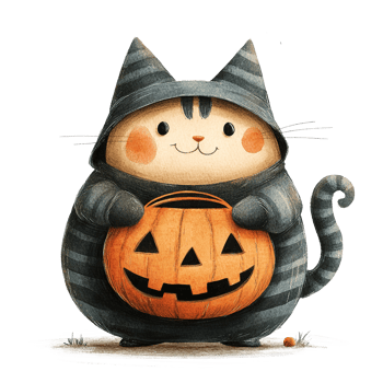 An adorable cartoon cat wearing a costume holding a pumpkin png
