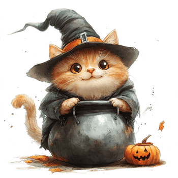 A cute ginger cat dressed as a witch with a cauldron png
