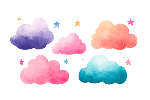 Colorful clouds with stars on transparent background png