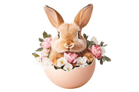 Bunny in a pastel egg surrounded by flowers for spring celebration png