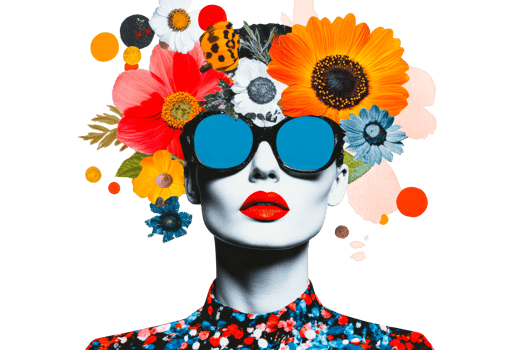 Colorful floral design with sunglasses and striking red lips on model png